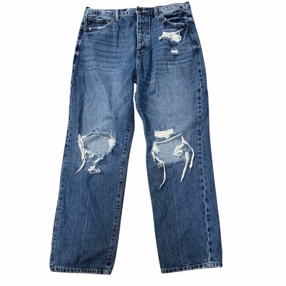 KanCan Distressed Straight Leg Button Fly Jeans Dark Wash High Rise 11/ 29
